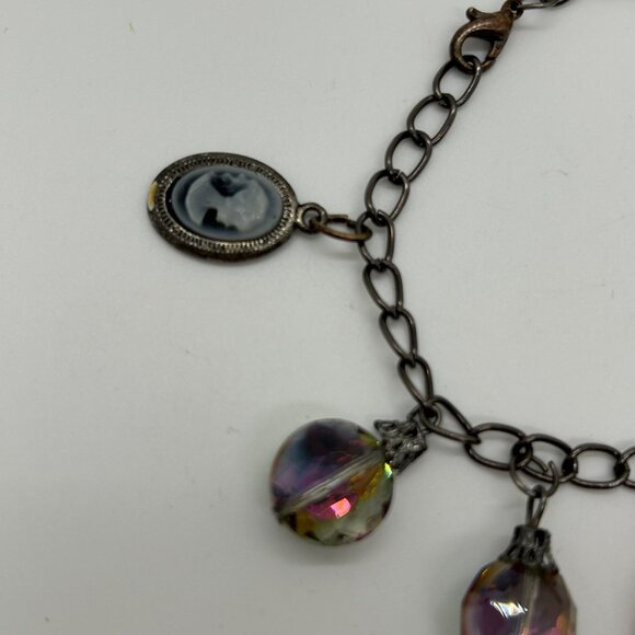 Aurora Borealis Crystal Charm Bracelet W/ Cameo Pendant Antique Black Chain Desi - Picture 3 of 16